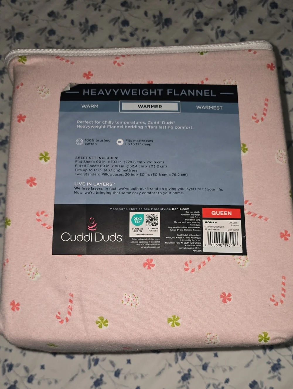 Cuddl Duds Pink Candy Cane Flannel Queen Sheet Set